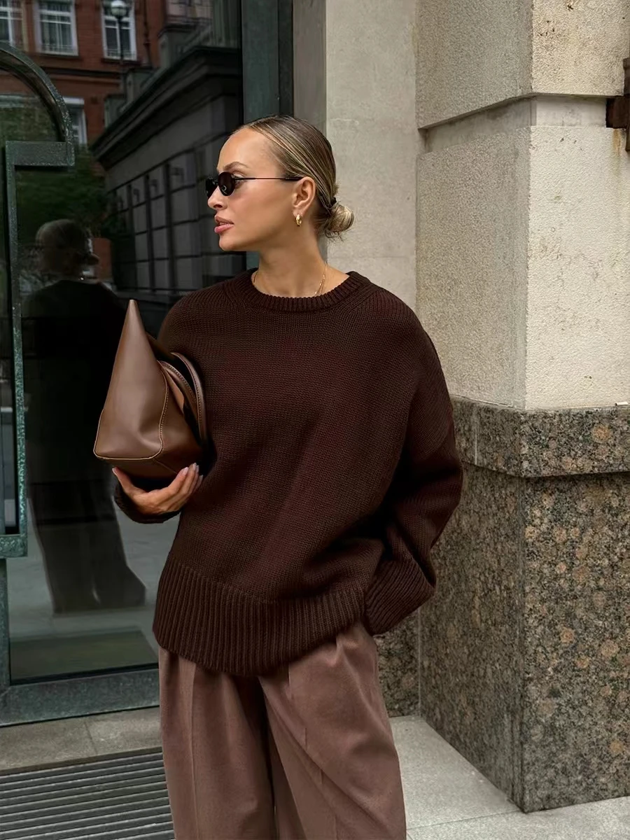 

Повседневный вязаный круглый свитер Ne, чистый цвет, универсальный осенне-зимний свободный крой, длинный свеч, женский модный удобный трикотаж