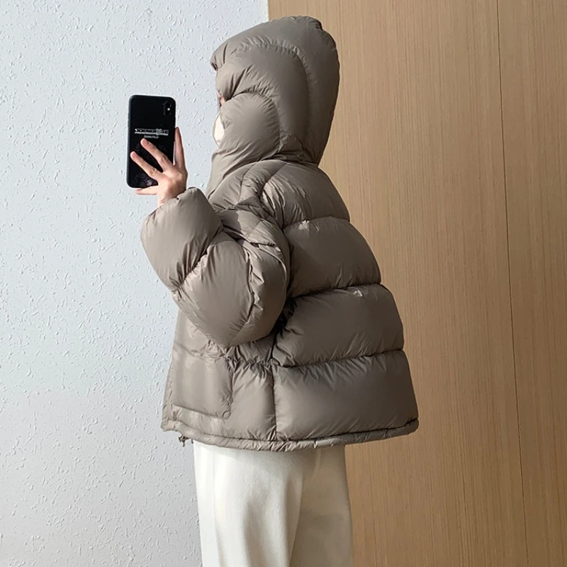 2024 New Korean Fashion Short Hooded Puffer Jacket Women 90% White Duck Down Coat Loose Thick Warm Soft Windproof Parkas Outwear