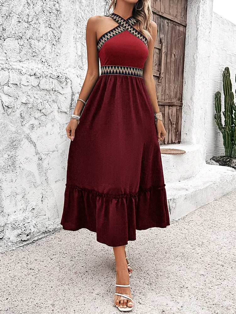 

Elegant Women's Dress with a Hanging Neck and High Waist
