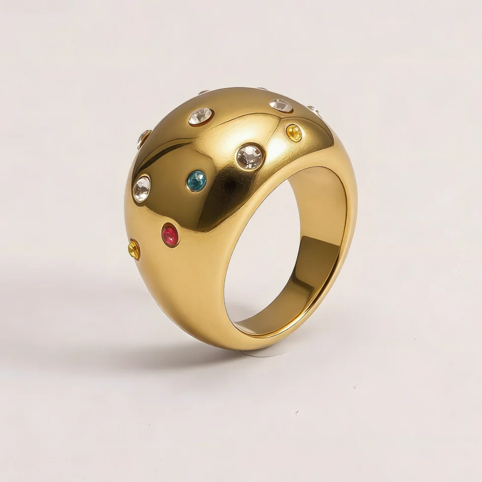 Vergoldeter 316L Edelstahlring mit mehrfarbigem Edelsteinbesatz, Vintage Bohemian Breitbandring – Detail 5