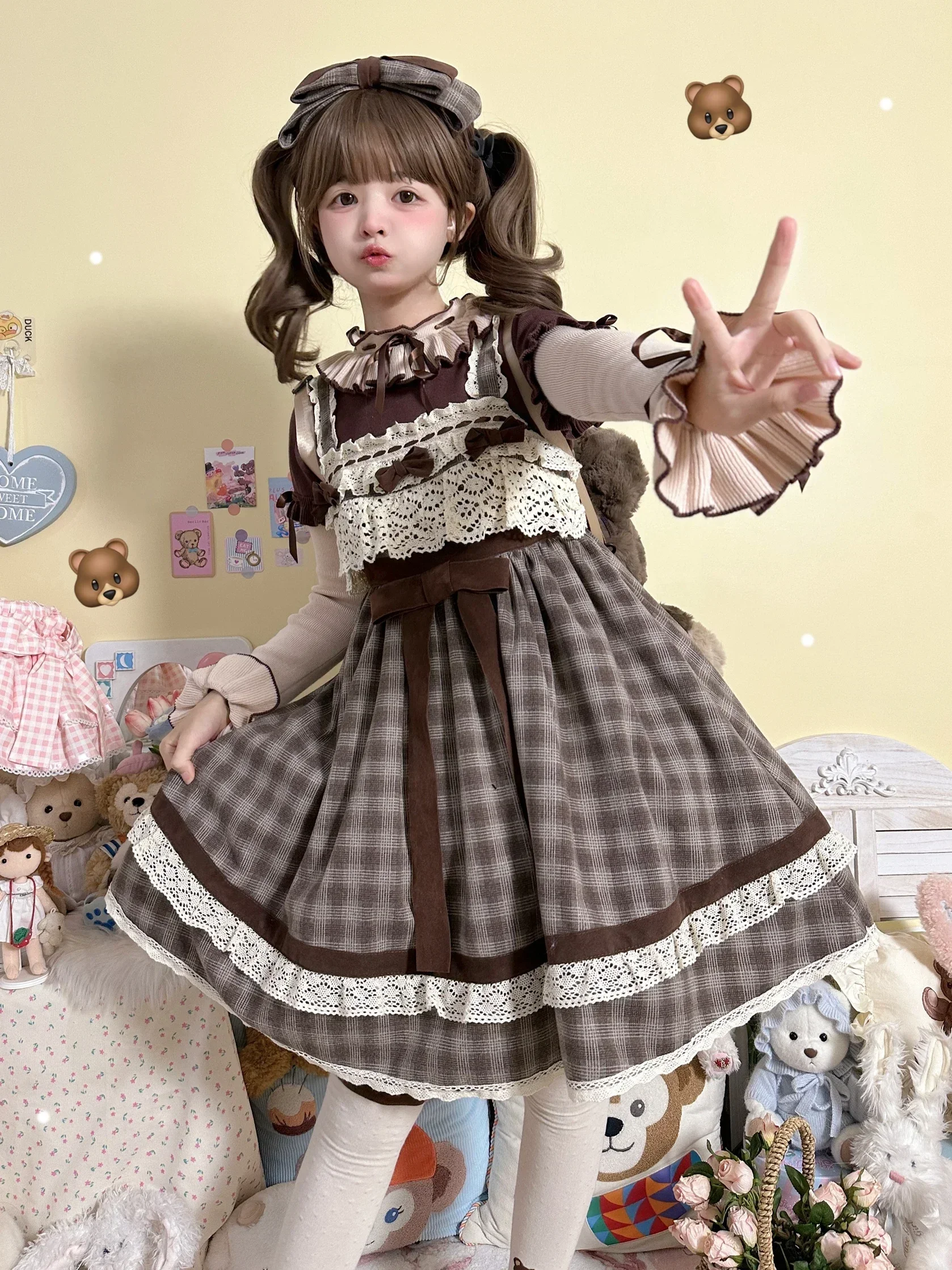 Frech Style Elegant Retro Lolita JSK Dress Brown Plaid Lace Stitching Bow High Waist Slim Fit A-Line Dress Women\'s Autumn 2024