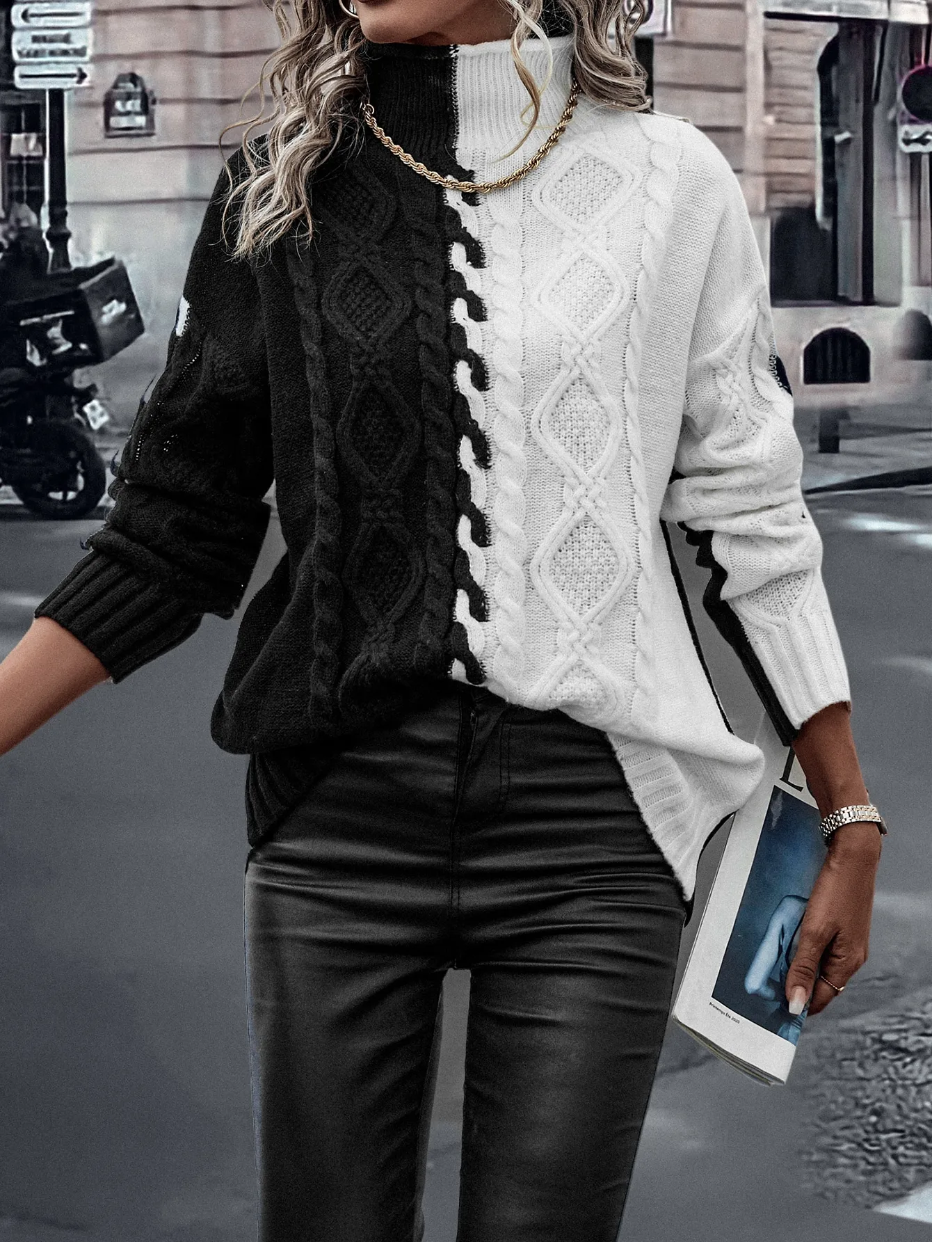 

Двухцветный объемный свитер крупной вязки с высоким воротником, пуловер с длинными рукавами