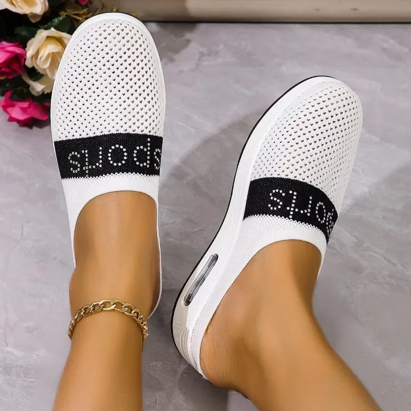 New Summer Womens Knitted Mesh Closed-finger Slippers Woman Comfortable Wedges Outdoor Walking Casual Vulcanized Shoes