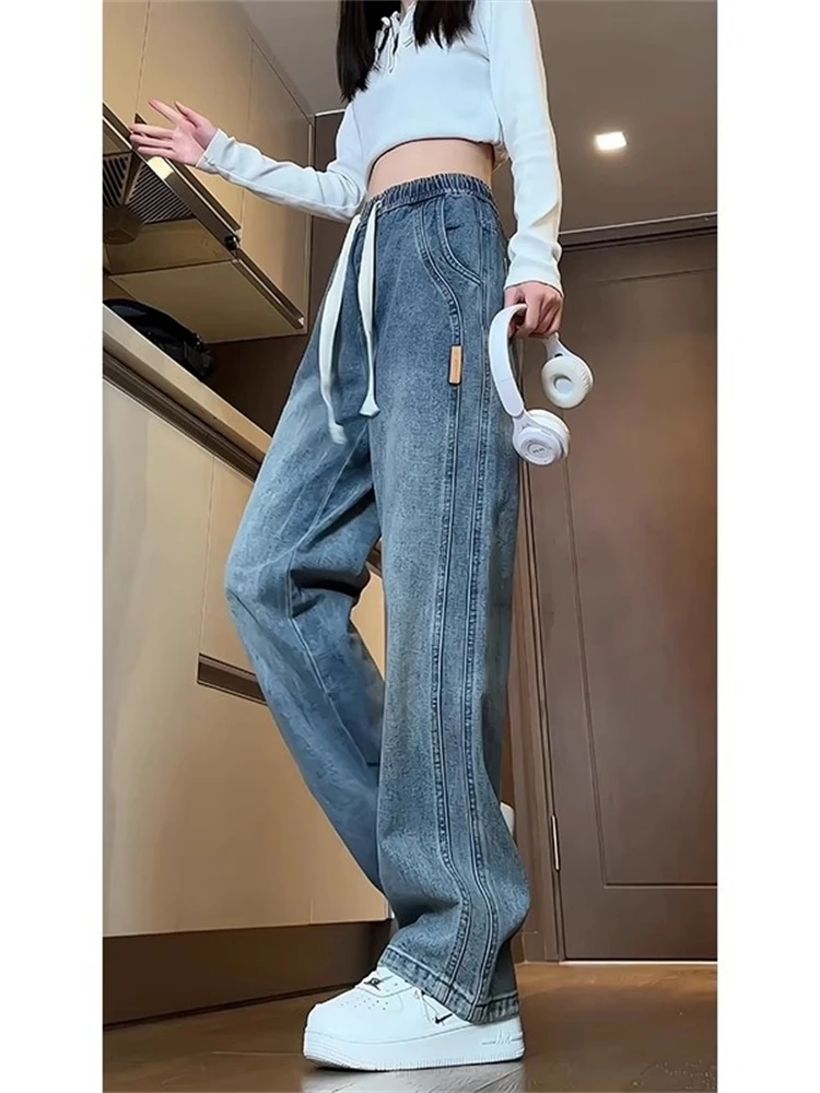 

Синие мужские джинсы прямого кроя, свободные, в стиле ретро, с высокой талией, в уличном стиле, универсальные длинные брюки, повседневные свободные брюки в молодежном стиле