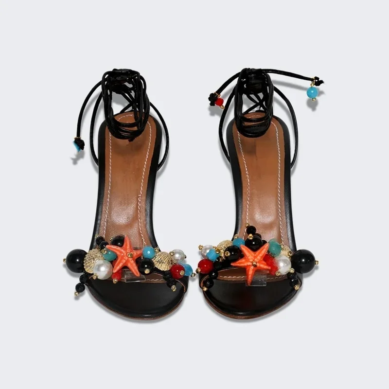 Pearl Shell Star Mixed Colors Sandals Sexy Pointed Toe Thin Heels Lace Up Customized New Arrivals Fashion Women Modern Shoes