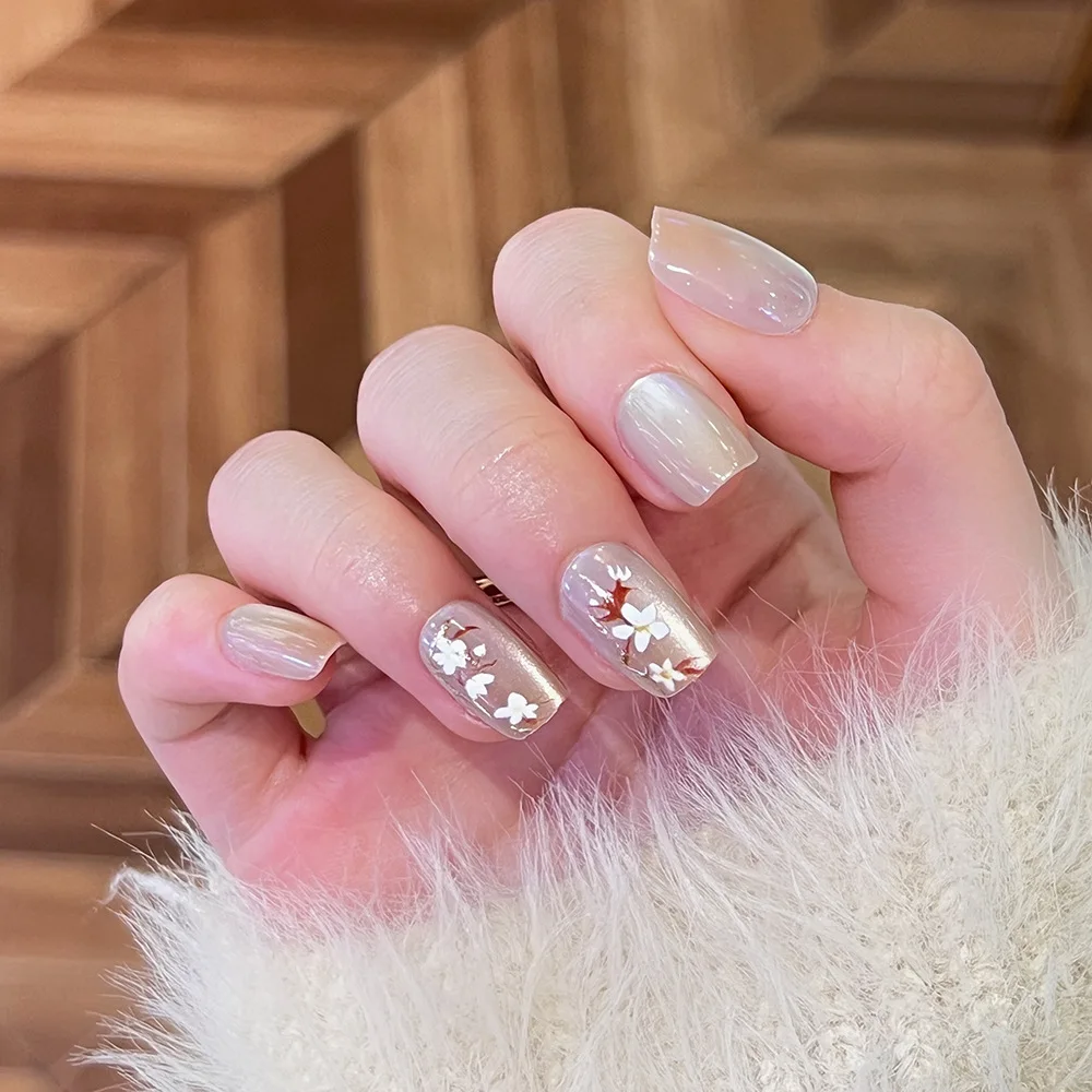Накладные ногти ручной работы телесного цвета Короткие квадратные накладные ногти кошачий глаз Многоразовые Накладные ногти накладные ногти цветочный дизайн китайский стиль