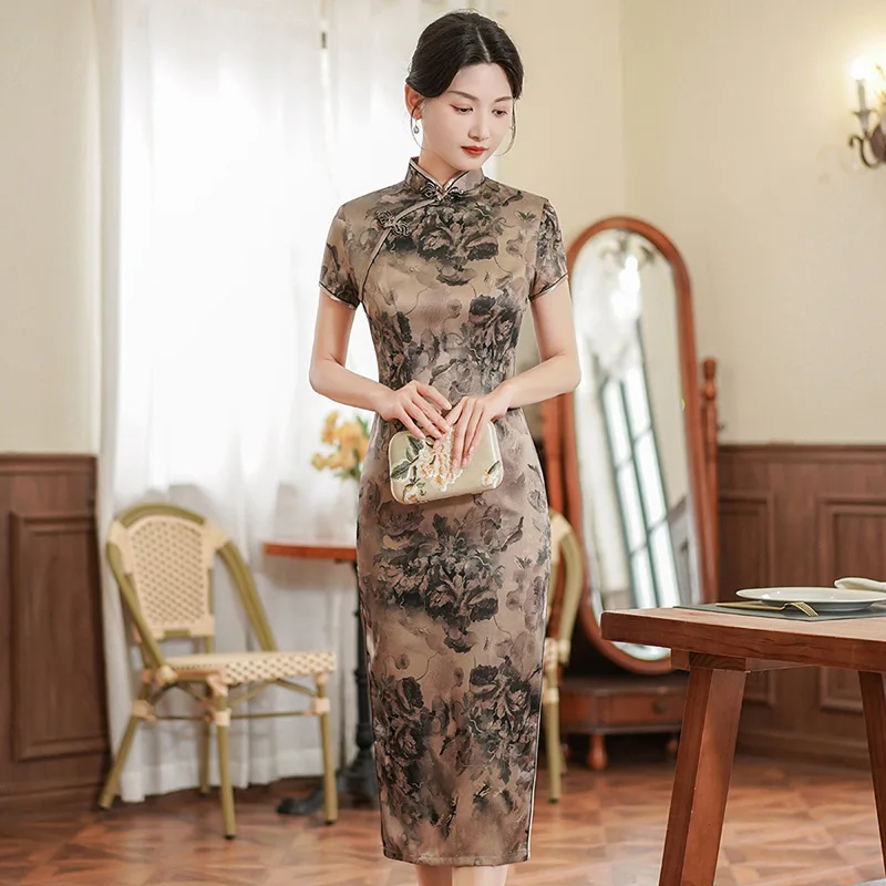 

Весенне-летнее новое женское платье Cheongsam средней длины в стиле ретро, облегающее модное платье для банкета