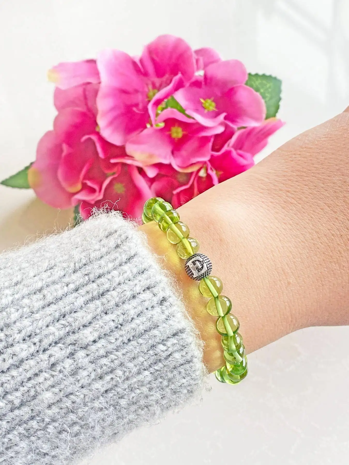 

Personalized Green Amber Bracelet Green Amber Jewelry 925 Sterling silver Letter Personalized Gift For Mom