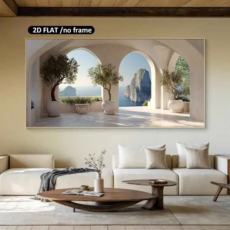 

2D Flat Modern Coastal Landscape Canvas Wall Art Frameless Minimalist Arches and Olive Trees Canvas Prints for Living Room Decor