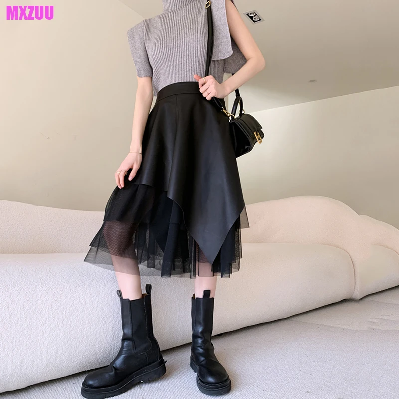 

High Quality Leather Flada Women's Fashion Medium Long Spring Irregular Casual Sheepskin Organza Splicing Pleated Umbrella Skirt