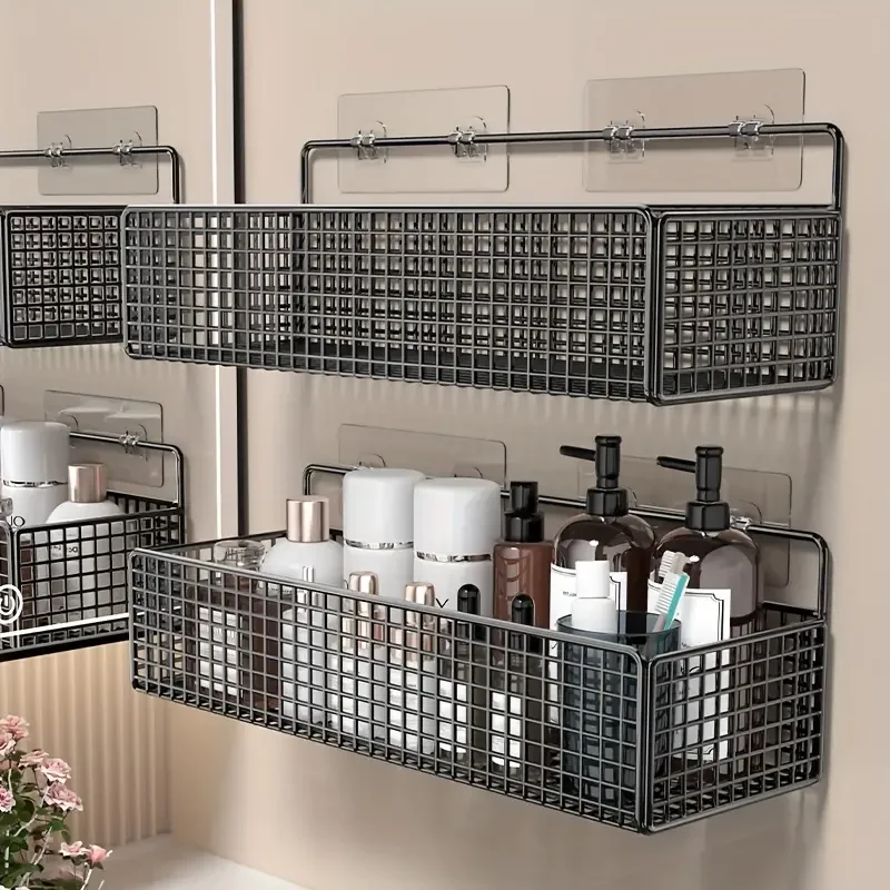 1Pc Kitchen Wall Mounted Hanging Shelves Black Storage Rack Basket Metal Space Saving Wire Baskets Shelf Bathroom Accessories