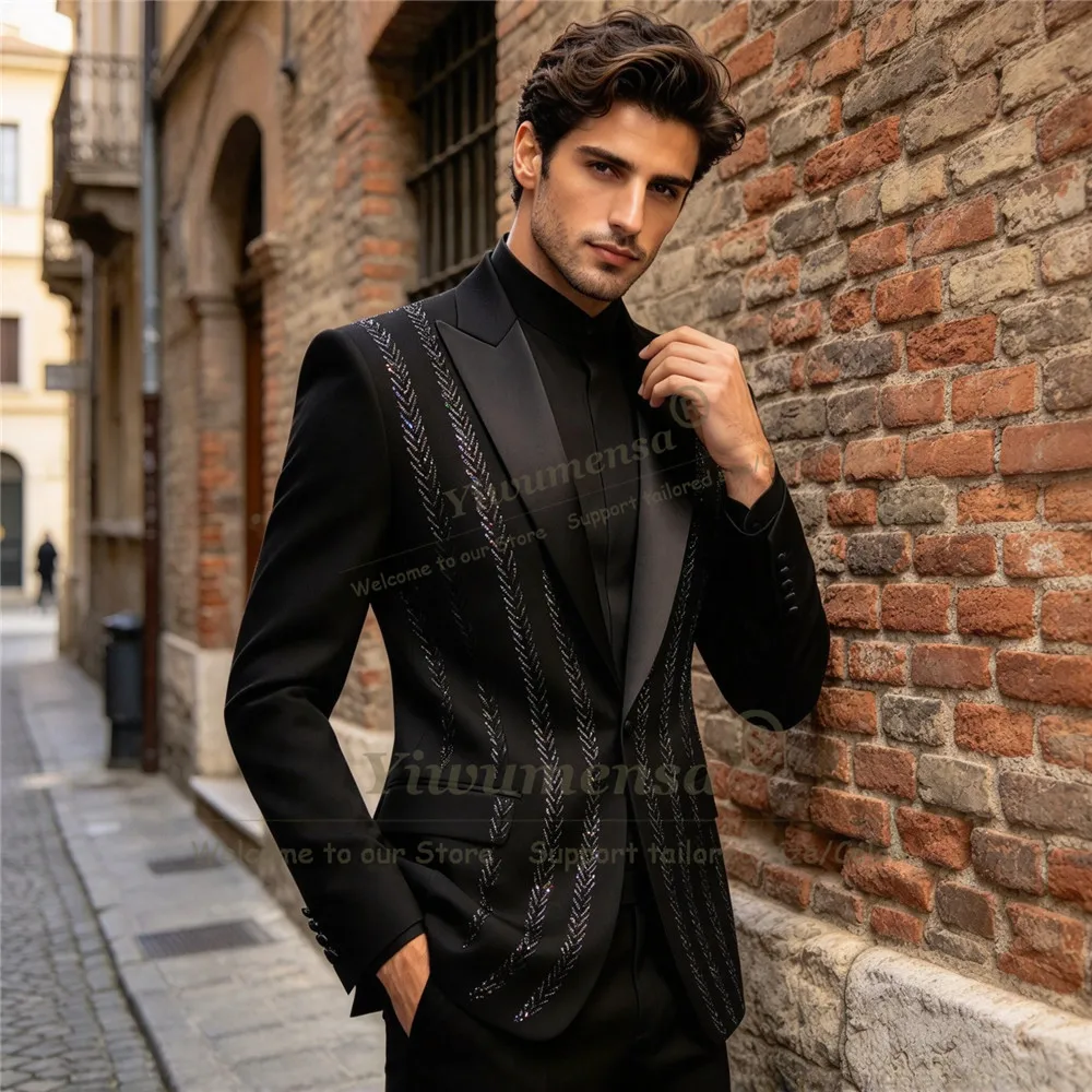 Handmade Men's Suit For Wedding Formal Wear Black Stones Prom Groom Tuxedo Customized 2 Pieces Man Anniversary Ceremony Attire