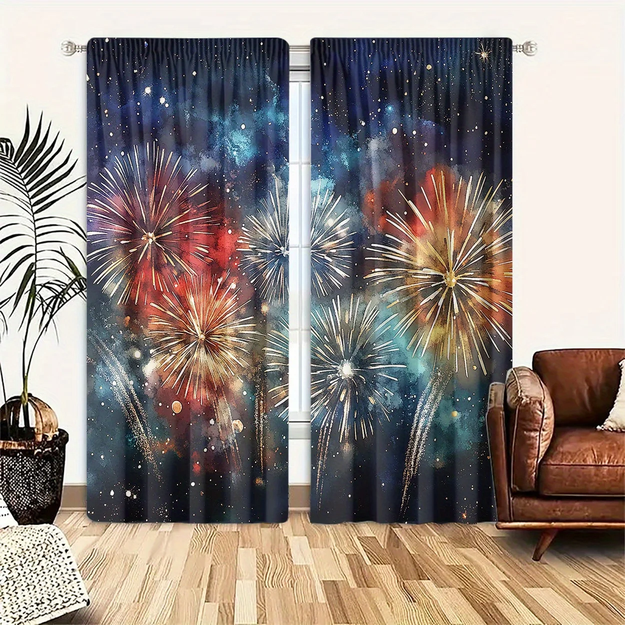 Colorful Firework Starry Curtain 2 Panels, Watercolor Galaxy Burst Sparkle Dark Night Print, Drapes for Bedroom Party Curtain
