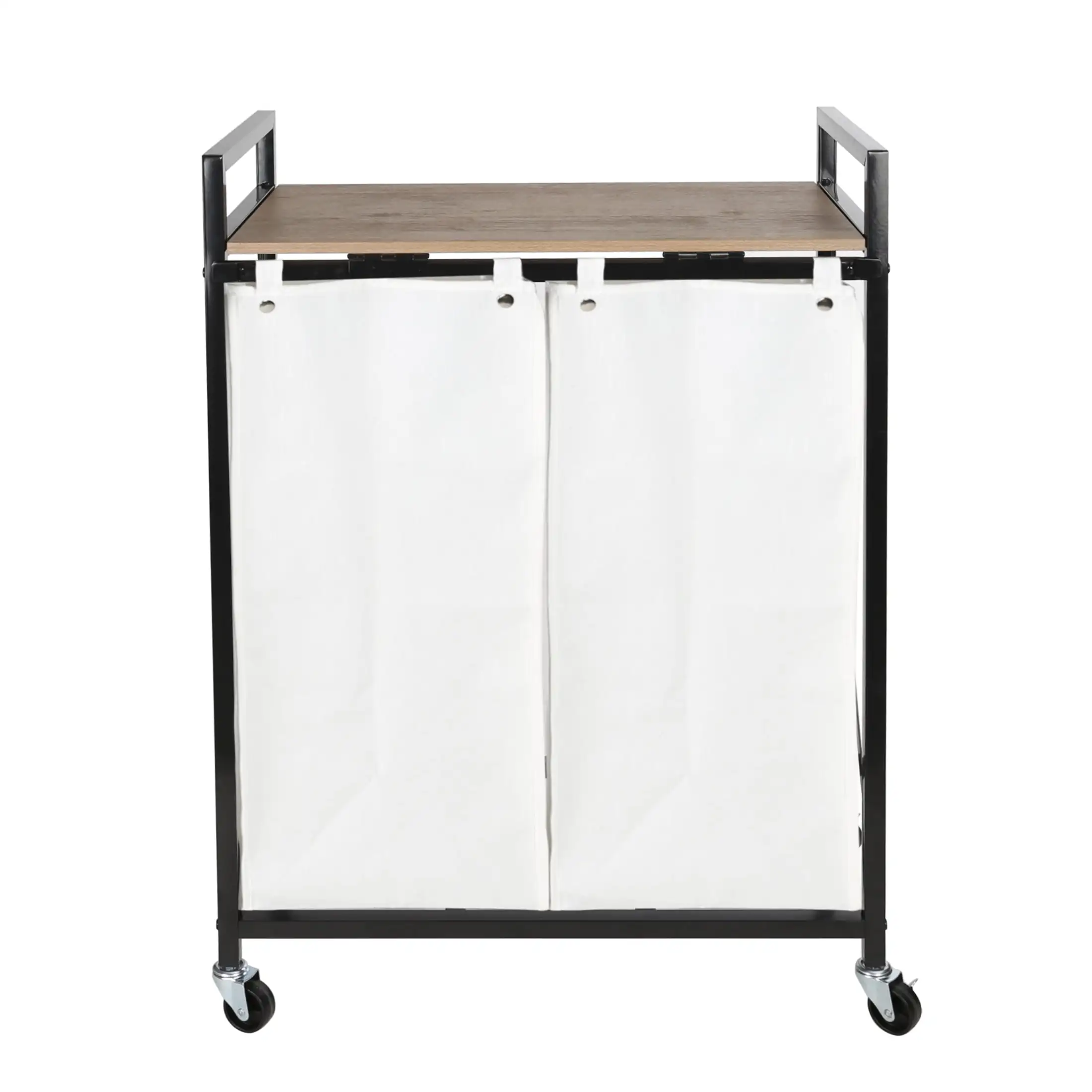 Laundry Sorter Cart Metal Frame with White Fabric Bins Adult Easy Rolling Casters with 2 Locking Wheels Flip Over Wooden Cover