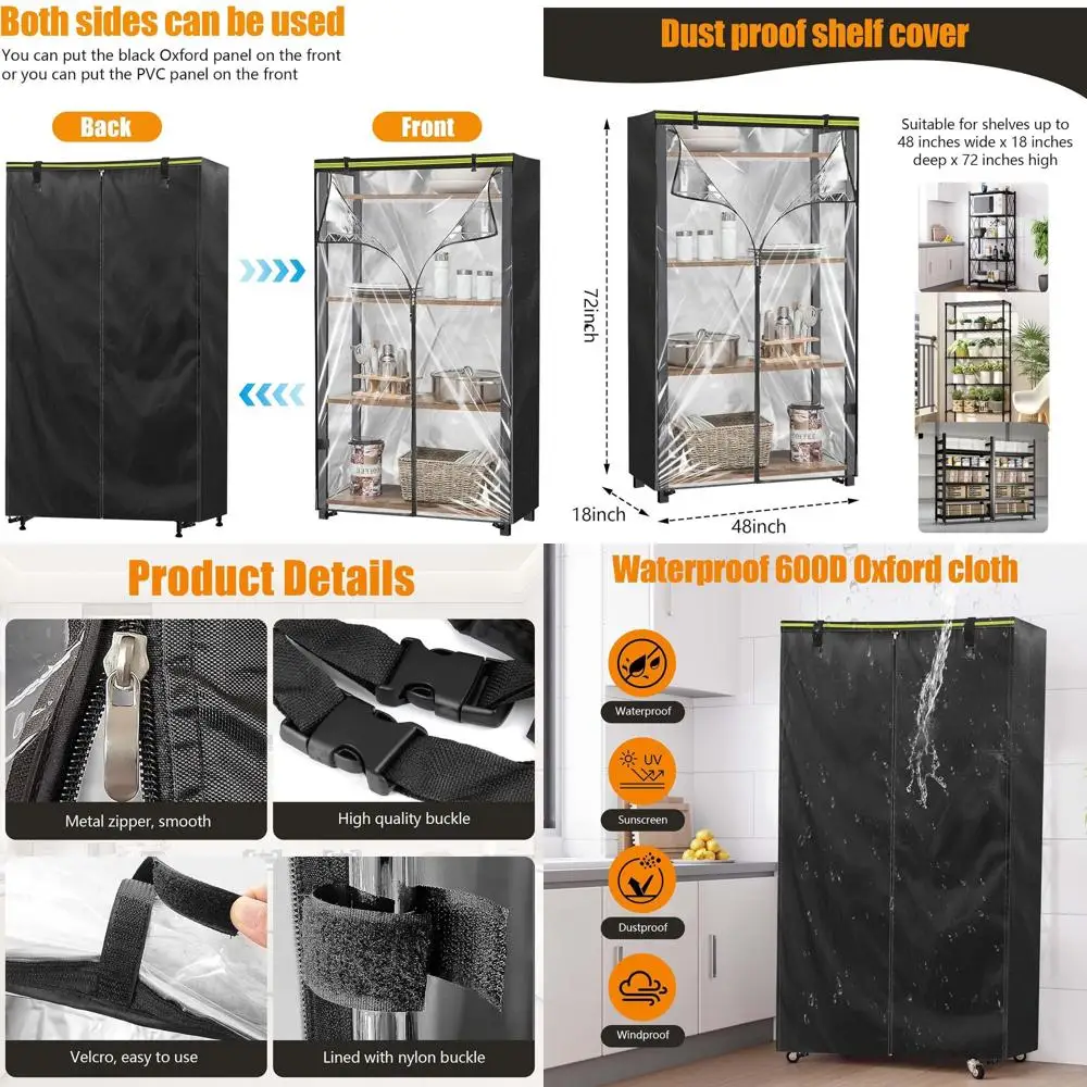 

Черная сверхпрочная водонепроницаемая крышка полки для хранения проволоки 600D, 48x18x72 дюйма, с застежкой-молнией для кладовой или стойки