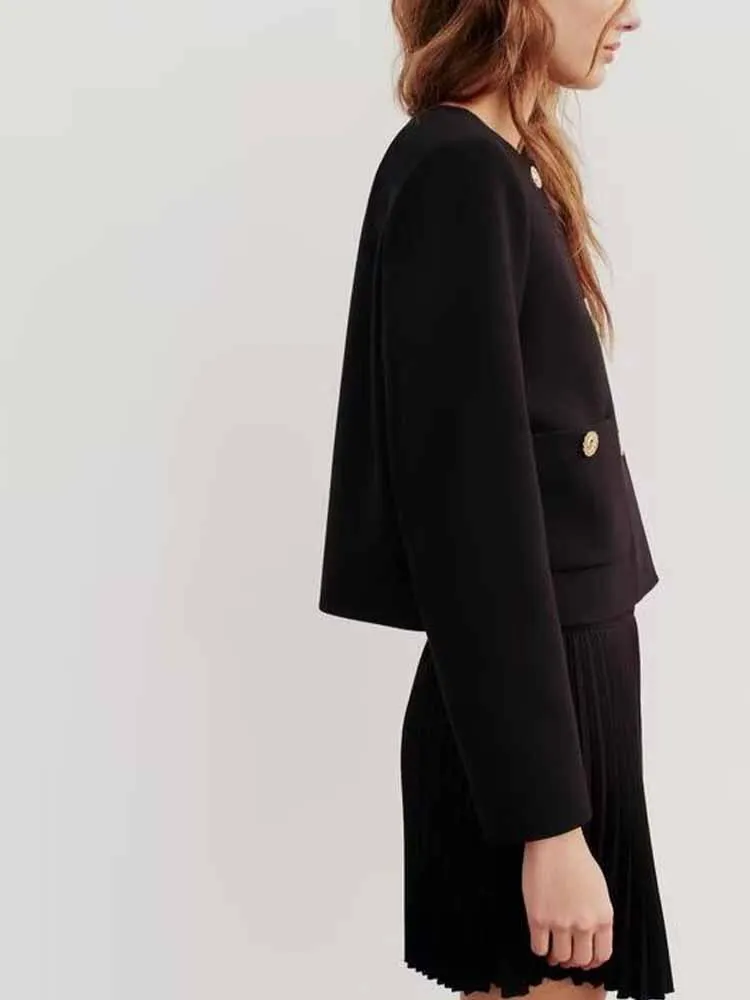 سترة قصيرة عصرية جديدة للخريف والشتاء على الطراز الأوروبي والأمريكي متعددة الاستخدامات بأكمام طويلة وزر ذهبي #2