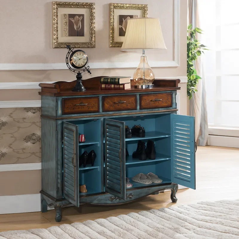 Retro Blue Multi Layer Shoe Rack Entrance Cabinet Integrated Shoe Storage Unit Factory Wholesale Complete Set for Home