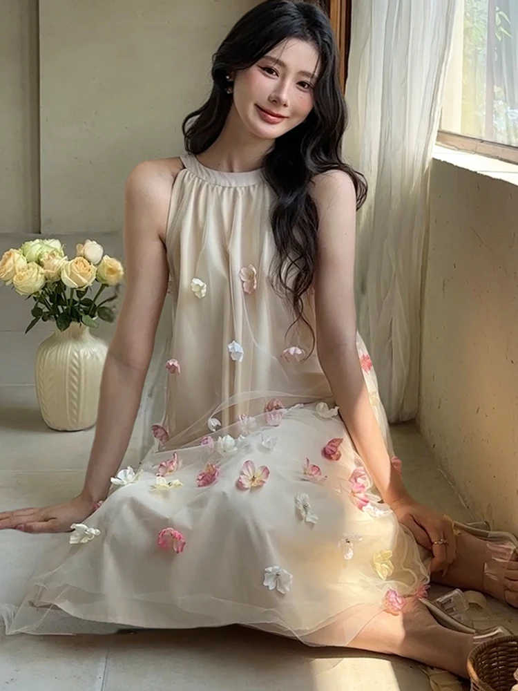 Women New Mesh Appliques Chic Neck-mounted Midi Dress Summer Boho Elegant Loose Waist Casual Dress 2025 Korean Luxury Prom Dress