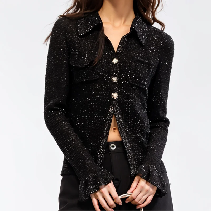 Spring and summer new classic black diamond decorated long sleeve with knitted cardigan shirt top