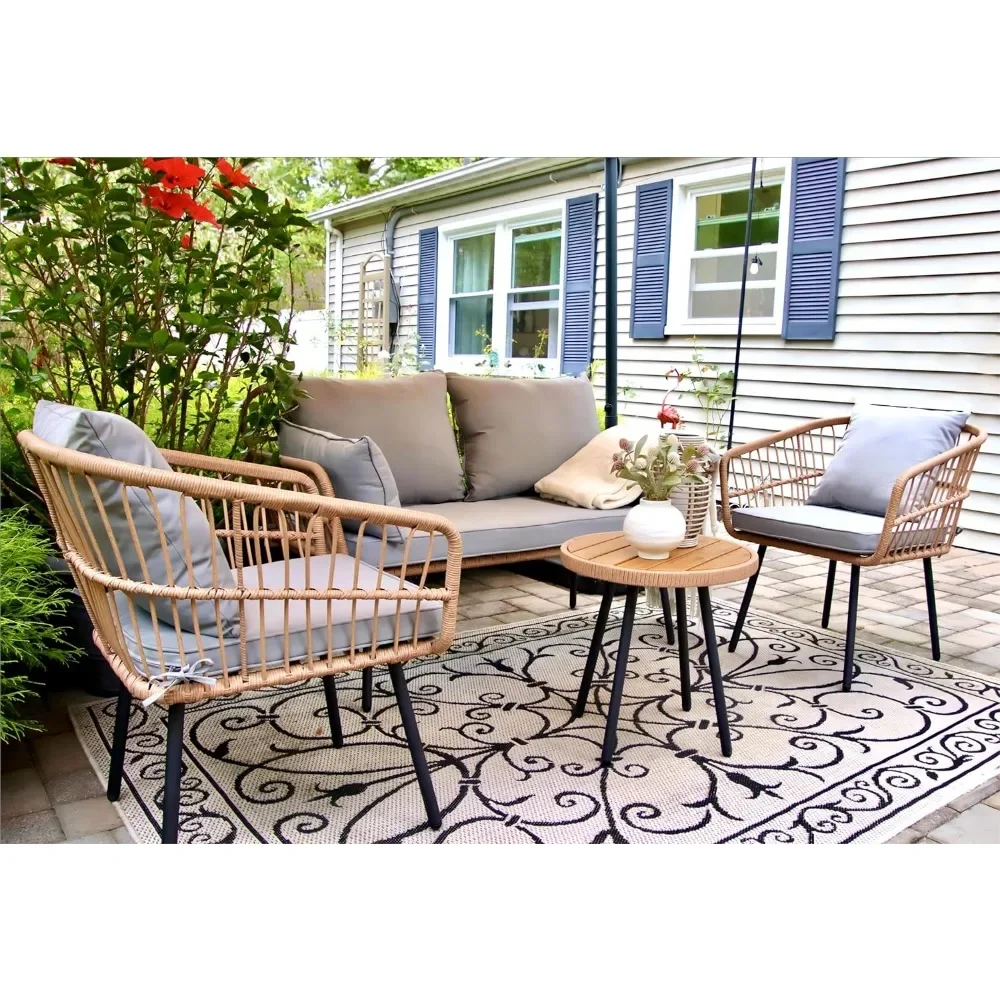 

Outdoor Sofa Set 4 with Loveseat Chairs Table Soft Cushions, Outdoor All-Weather Rattan Conversation Set