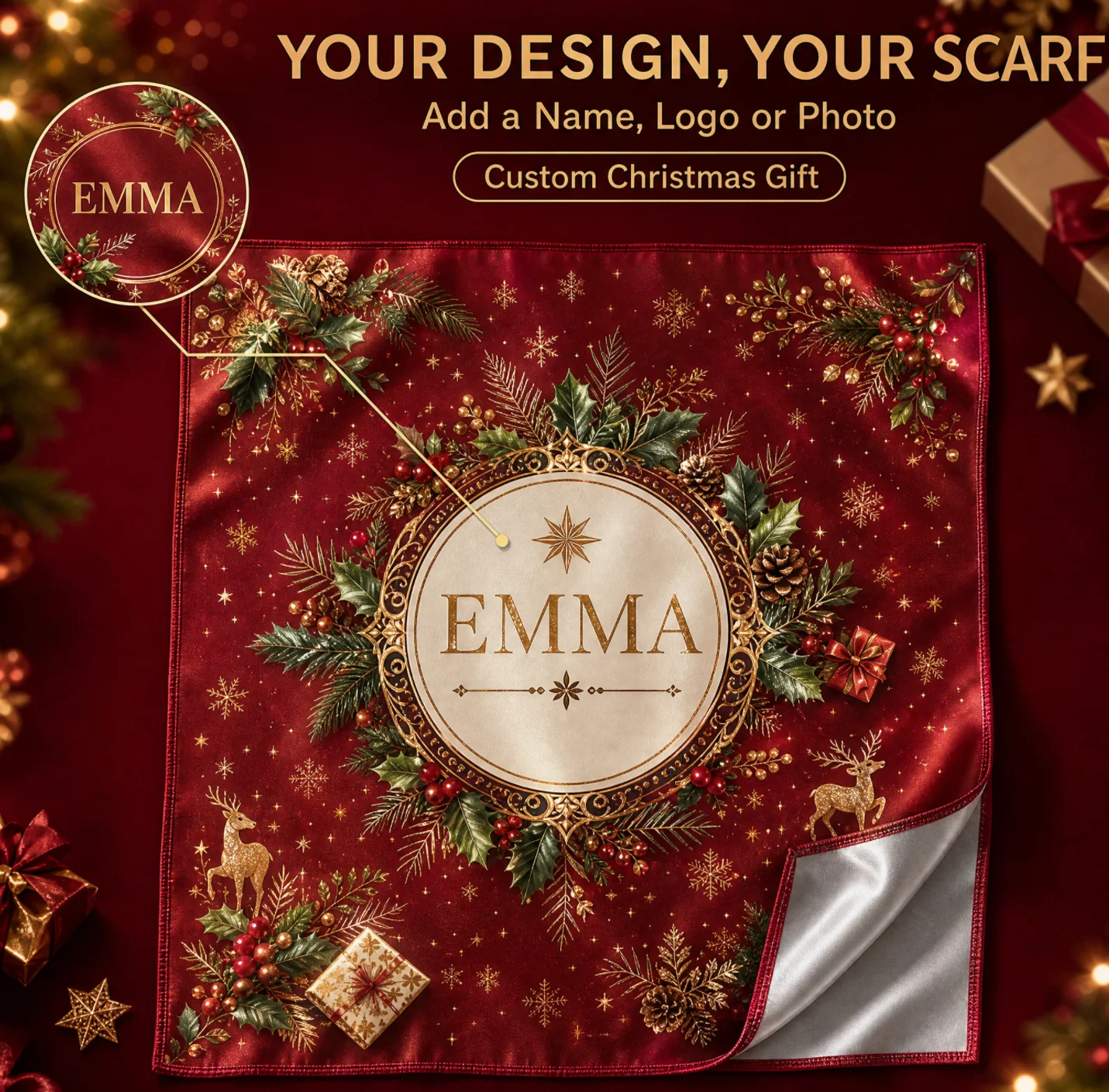 Custom Christmas Printed Scarf with Logo Pattern for Fashion Brands Boutique Retailers Seasonal Collection Wholesale Orders