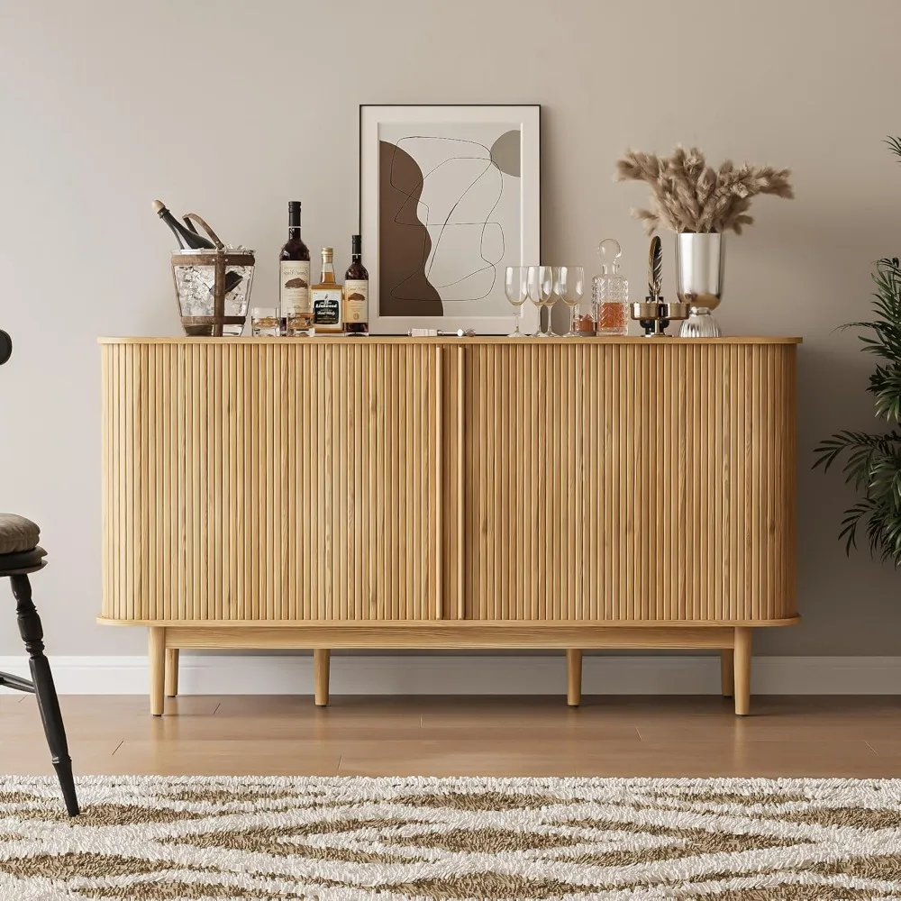 Barra de café "59" con puertas de pandereta estriadas - Gabinete de almacenamiento con estante de 4 vinos para sala de estar y cocina"