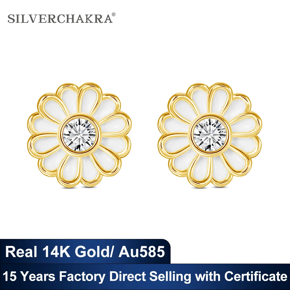 Cute 14K Gold Studs Natural Yellow Crystal White Enamel Daisy Stud Earrings for Women Au585 Girl Fine Jewelry