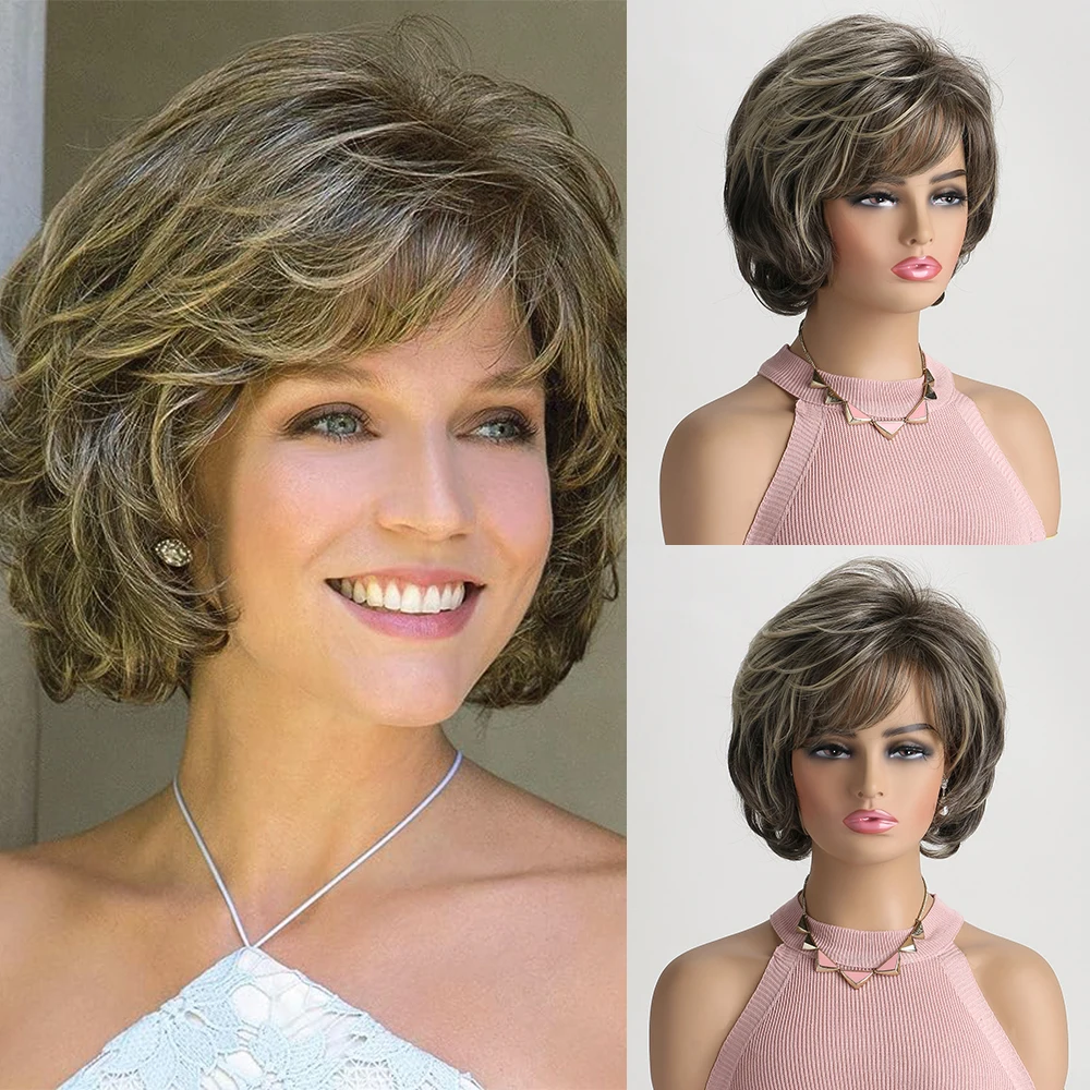 

Short Natural Synthetic Wigs with Bangs Soft Mommy Hair Daily Use Short Brown Light Gold Ombre Curly Costume Party Wig for Women