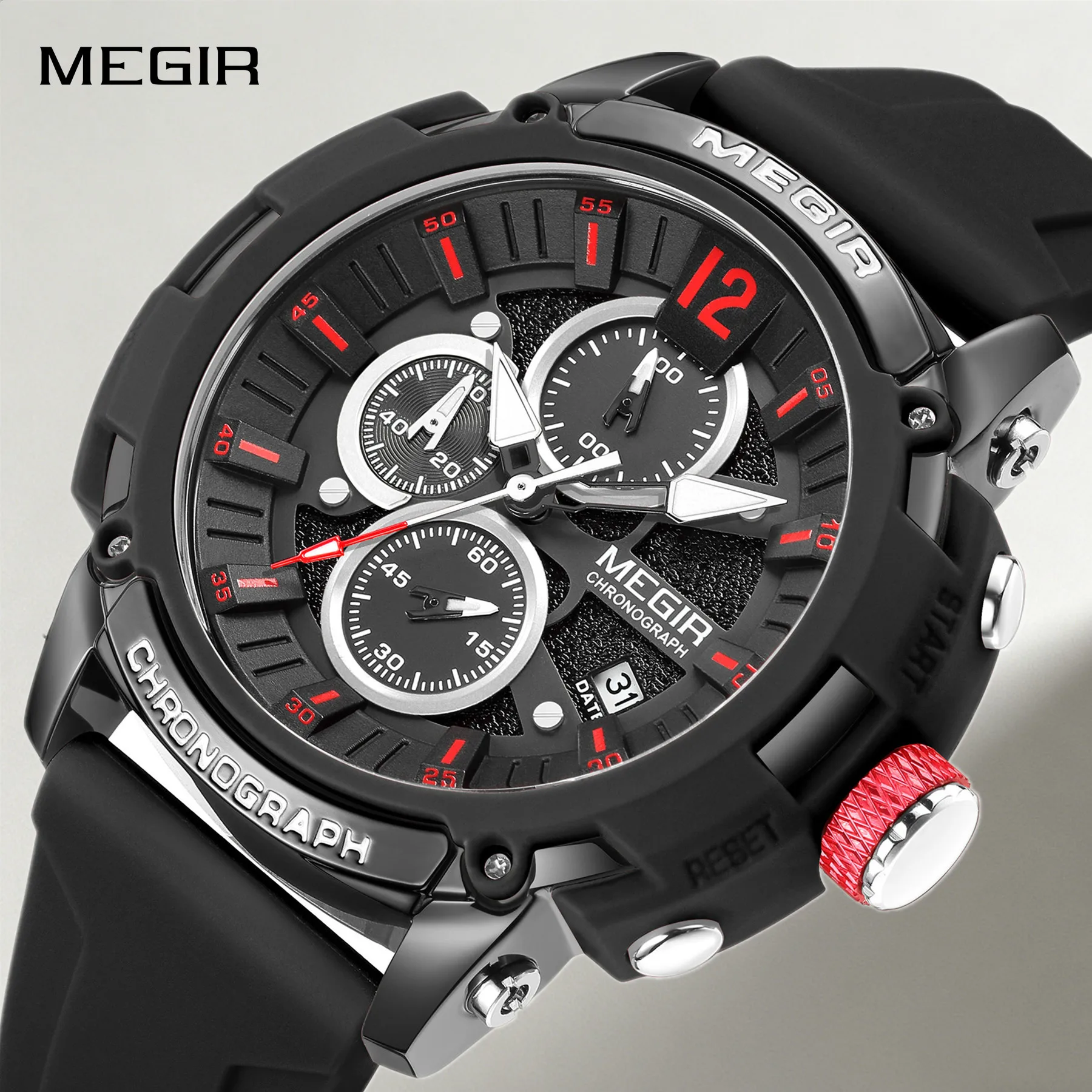 MEGIR Fashion Men's Watch Multi-functional Silicone Calendar Waterproof Quartz Sports Wristwatch with Chronograph Luminous Reloj