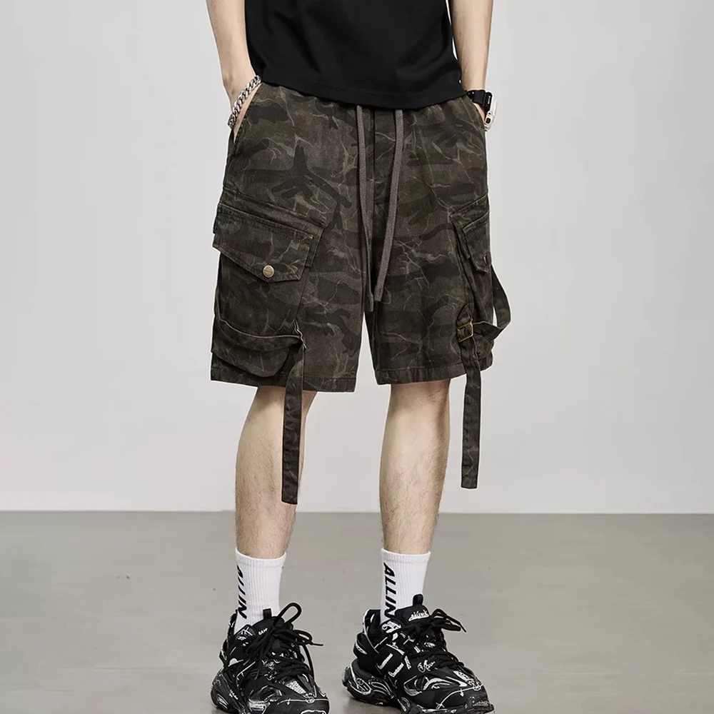 Mens Camo Multi Pocket Strap Cargo Shorts Summer Streetwear Loose Niche Vintage Y2k Casual Daily Shorts Men'S Clothing 2026 New