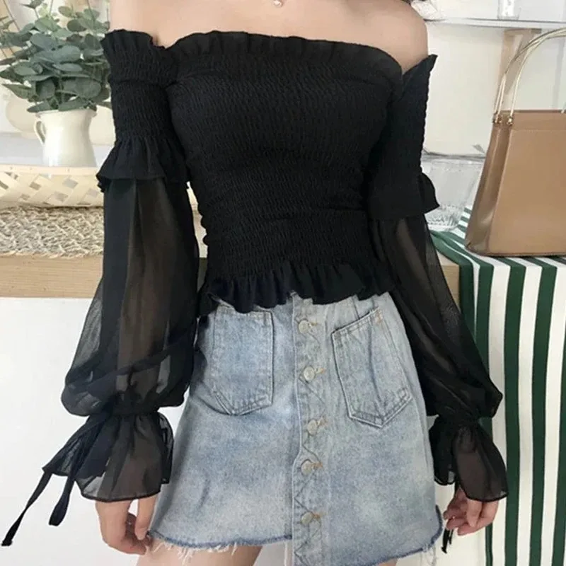 Women\'s Off Shoulder Pleated Blouse, Long Sleeve Cropped Tops, Solid Color Ladies Shirt, Lace Up Corset, Spring Fashion, 12813