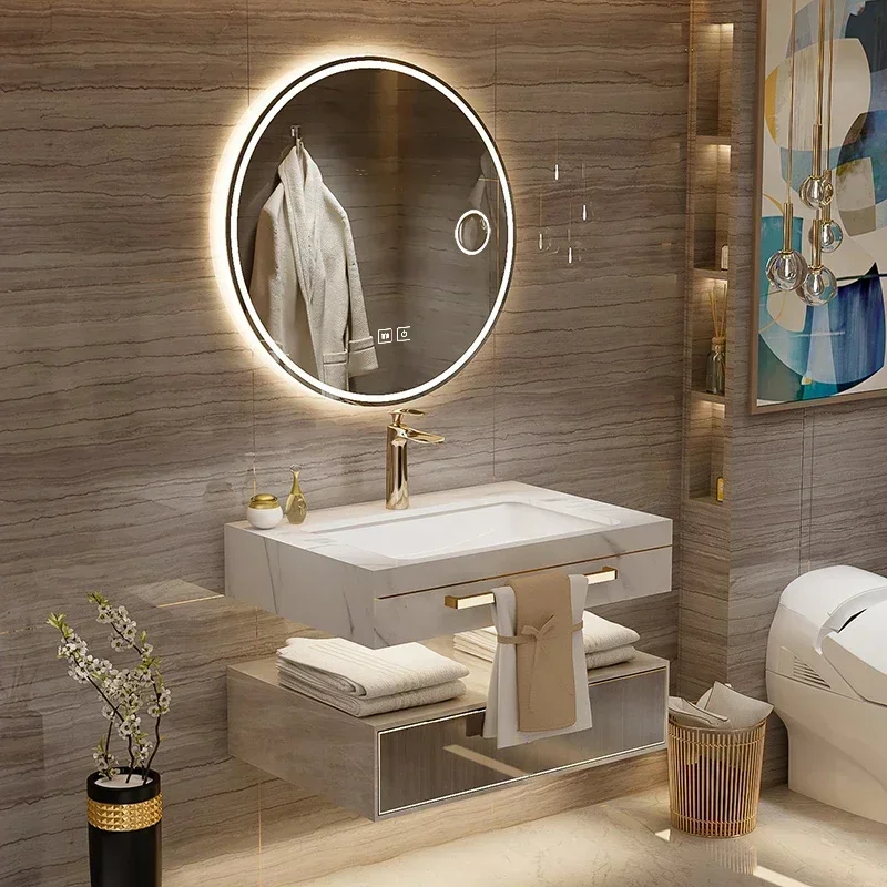 

Элитный комплект мебели для ванной X Light Luxury: тумба из массива дерева с бесшовной интегрированной раковиной из камня, умный умывальник, двойная раковина