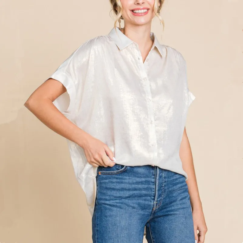 Blusa de manga batwing metálica feminina, camisa solta, nova moda, 2024