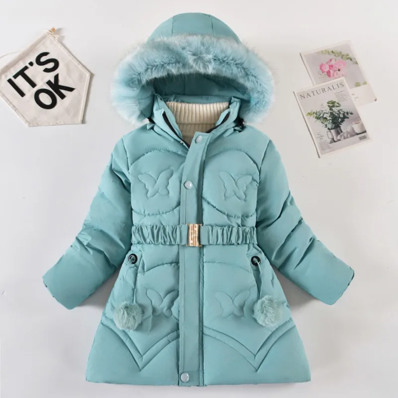 

Winter Girls' Cotton-padded Clothes Teens Older Children's Thickened Velvet Medium and Long Waist Cotton Clothes