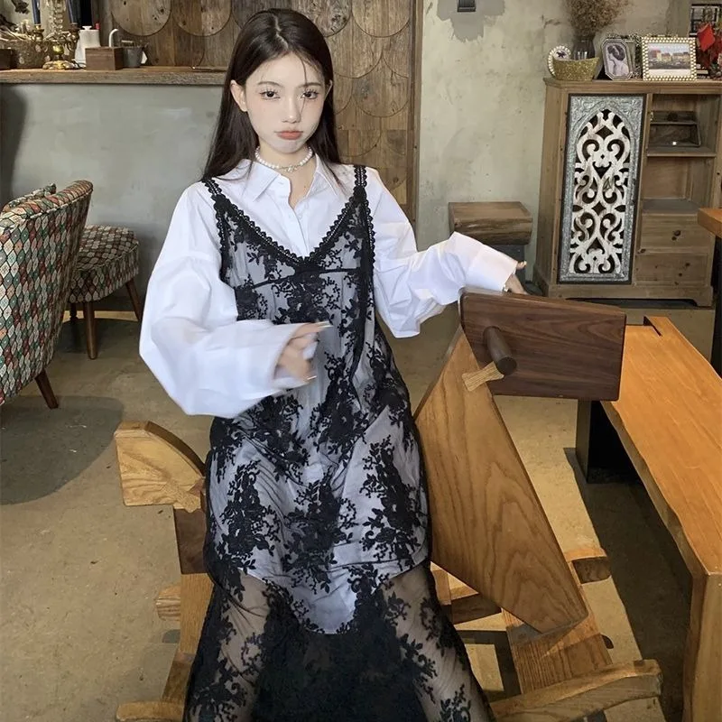 Solid Dresses Women Summer Girls Embroidery Lace Designed Korean Style Layering Streetwear Prevalent Attractive Leisure Trendy