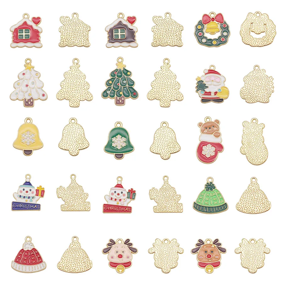 6-30PCS Christmas Charms Gold Color Tone Enamel Santa Deer Hat Tree Bell House Snowman Bracelet Pendant Jewelry Accessory