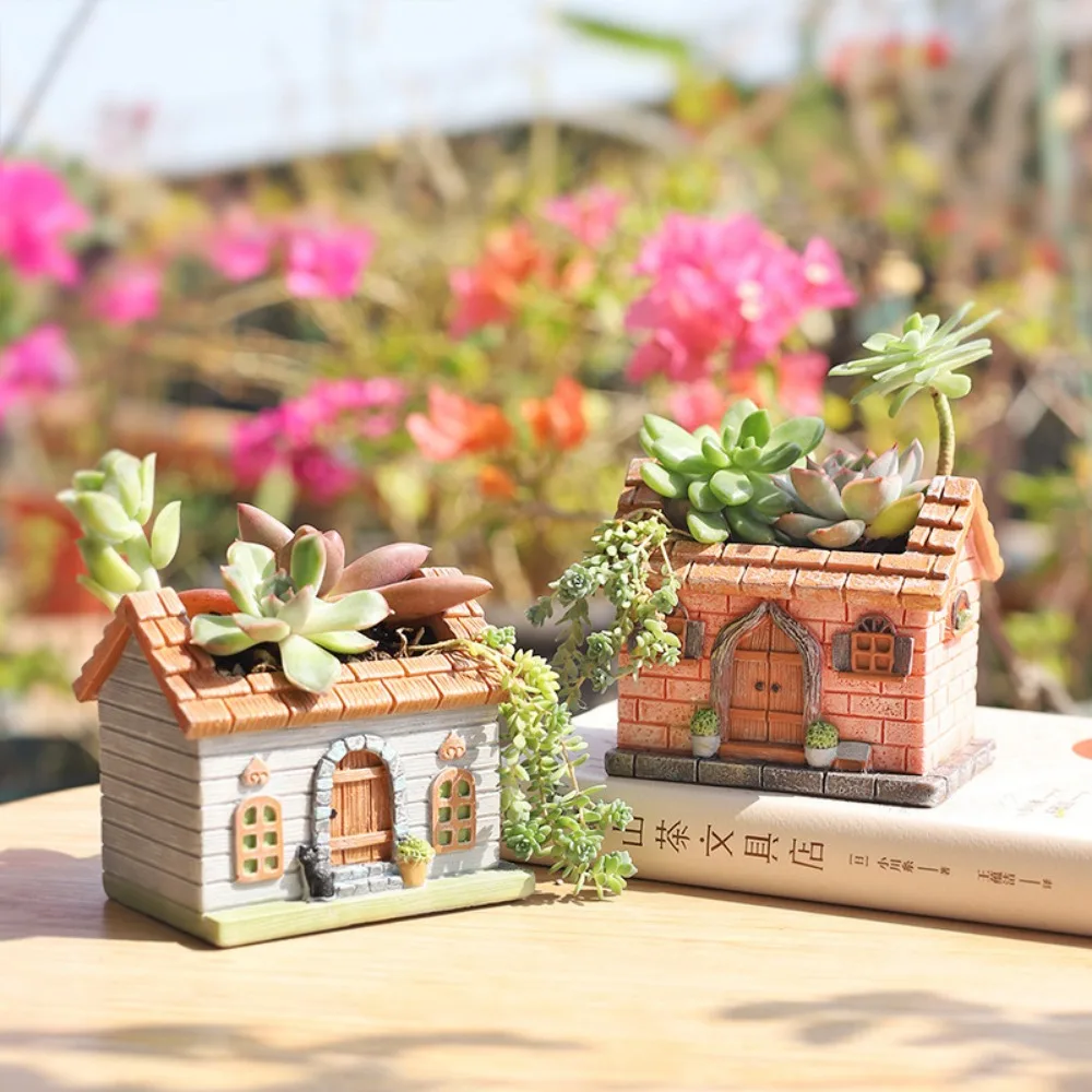 Creative Mini Country House Resin Succulent Flower Pot Ornaments Outdoor Balcony Courtyard Micro Landscape House Statue Crafts
