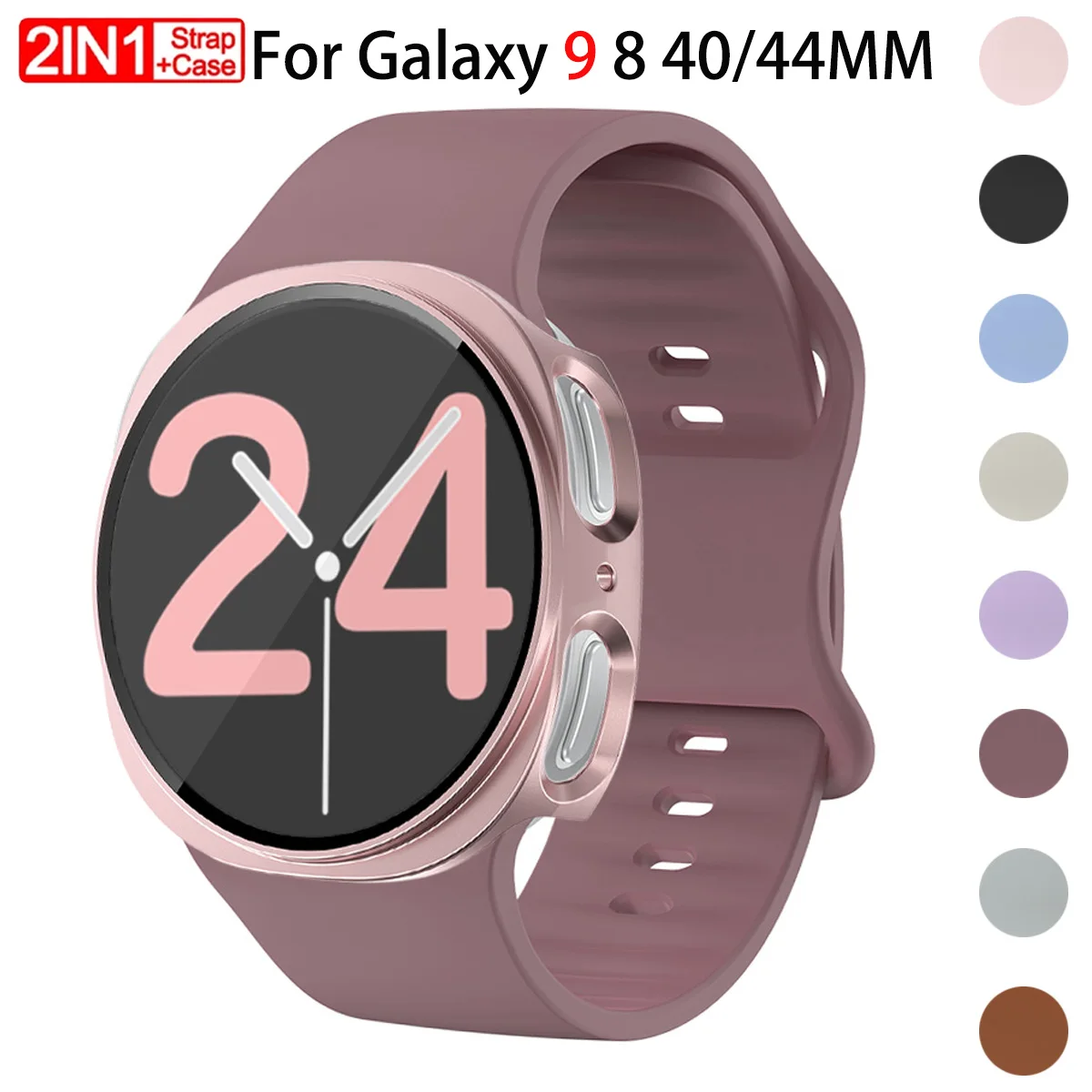Protective Bumper Case & Silicone Sport Strap for Samsung Galaxy Watch 9 8 40/44mm, With or Without Glass Cover Watch Band