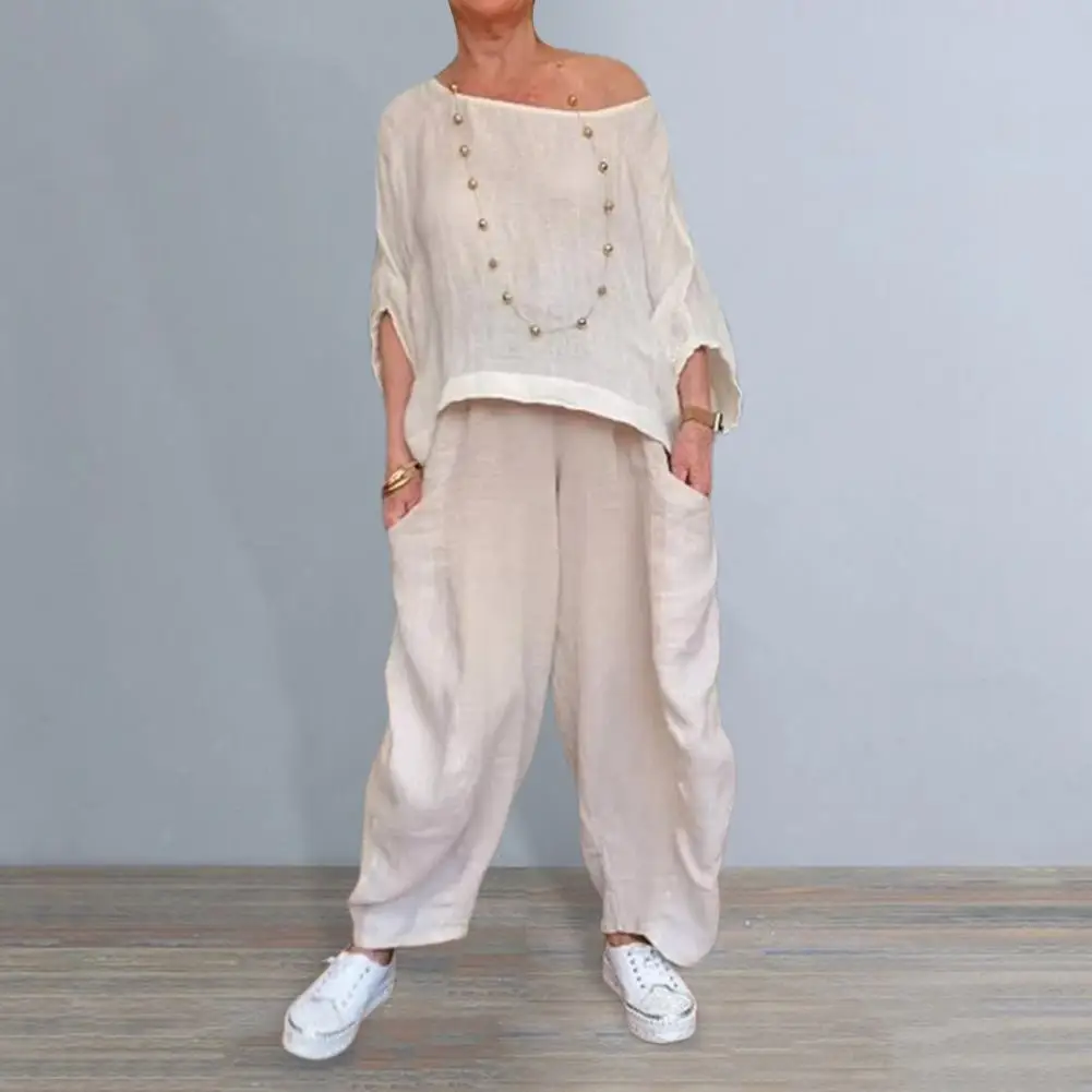 Loose Tracksuit Elegant Two-piece Blouse Pants Set for Women Stylish Round Neck Top with Wide Leg Trousers for Homewear