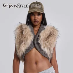 TWOTWINSTYLE Solid Slimming Fashion Tank for Women V Neck Sleeveless Patchwork Fur Luxurious Top Female Autumn Retro Style New
