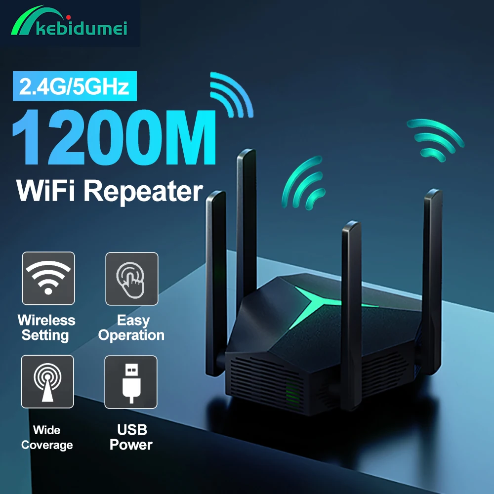 

Kebidumei 1200Mbps WiFi Repeater Wireless Amplifier Signal Booster Dual Band 2.4G 5GHz Long Range Wi-Fi Extender Router For Home