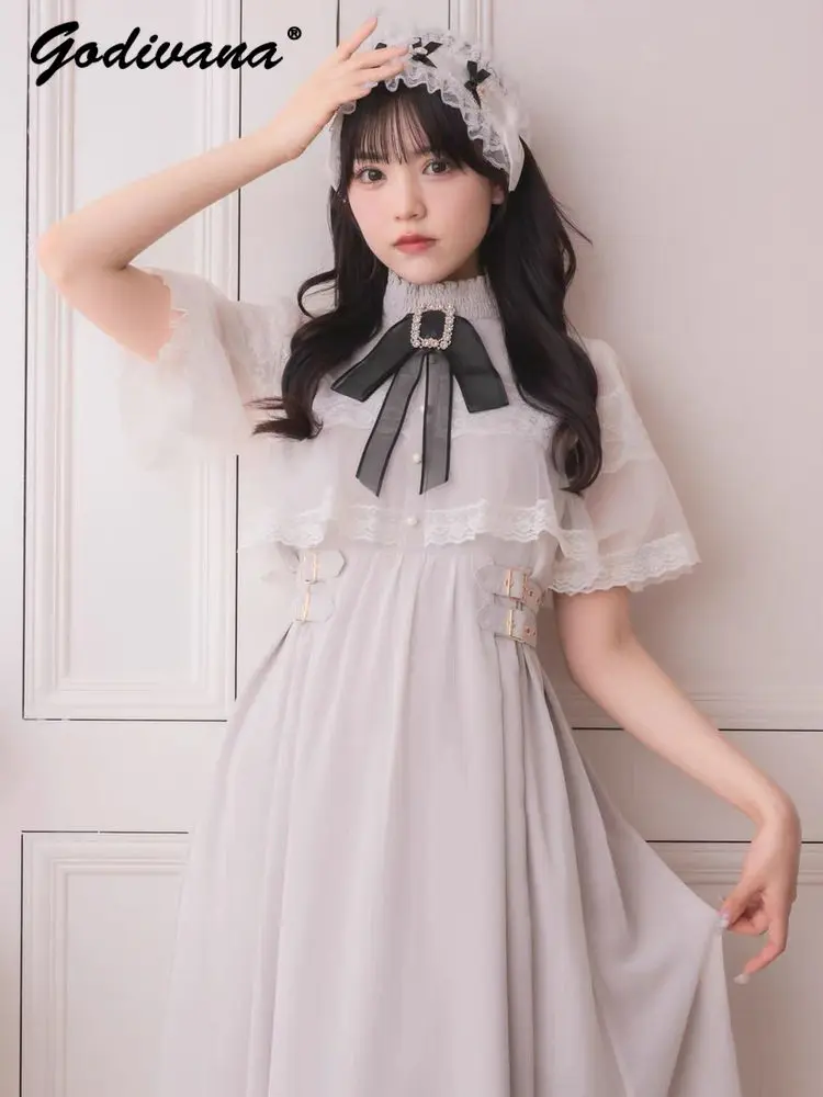 Elegant Summer Cute Bow Lace Stitch Cape Dress with Brooch Japanese Style Short Sleeve Women's Long Dresses