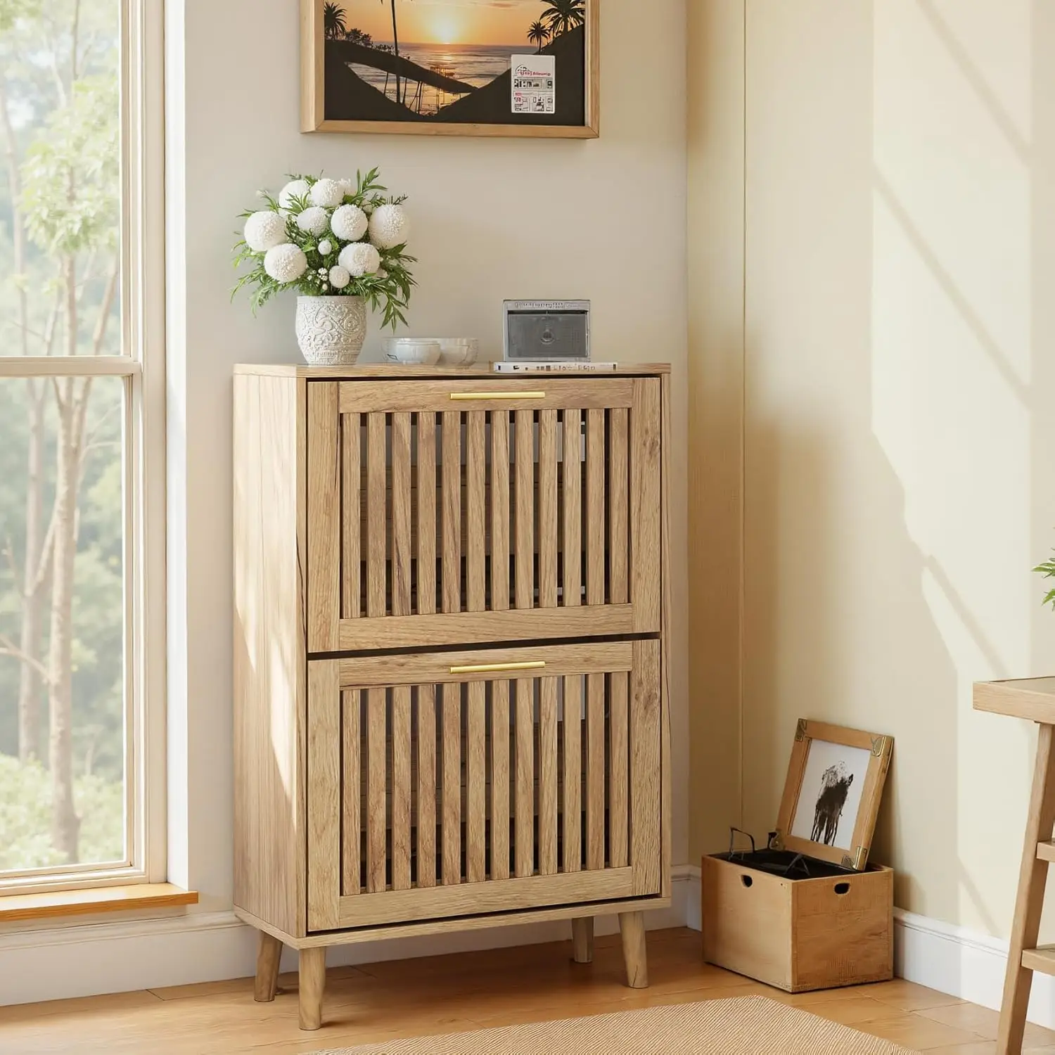

2-Drawer Slatted Shoe Cabinet, Slim Farmhouse Entryway Storage with Gold Handles, Freestanding Natural Oak, Customized