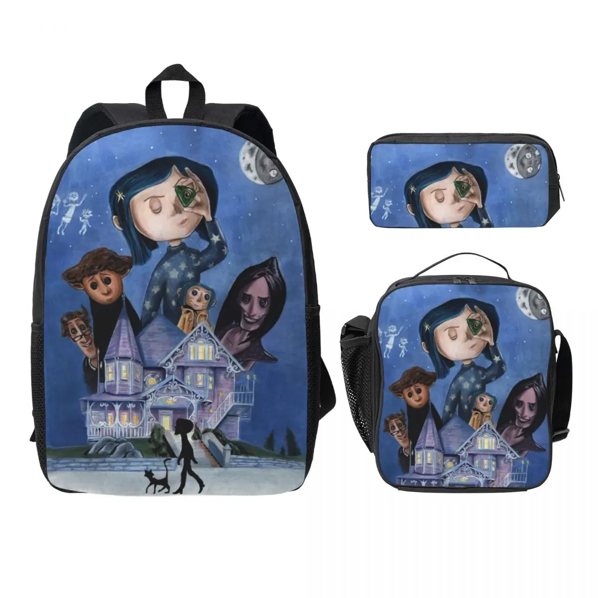 

3PC-Set Backpack Anime Movie C-CoralineS Student Schoolbag Children's Lunch Bag Pencil Bag Cartoon School Bag