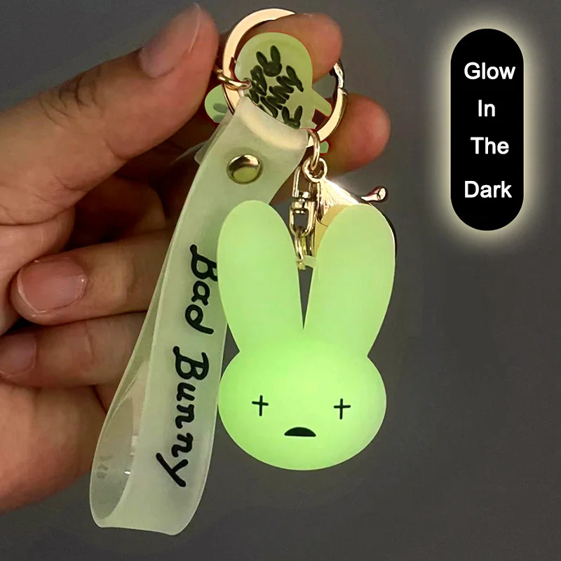 3D Bad Bunny Soft PVC Keychain Cute Luminous Rabbit Pendant Key Chain Cartoon Heart Christmas Keyring Gift