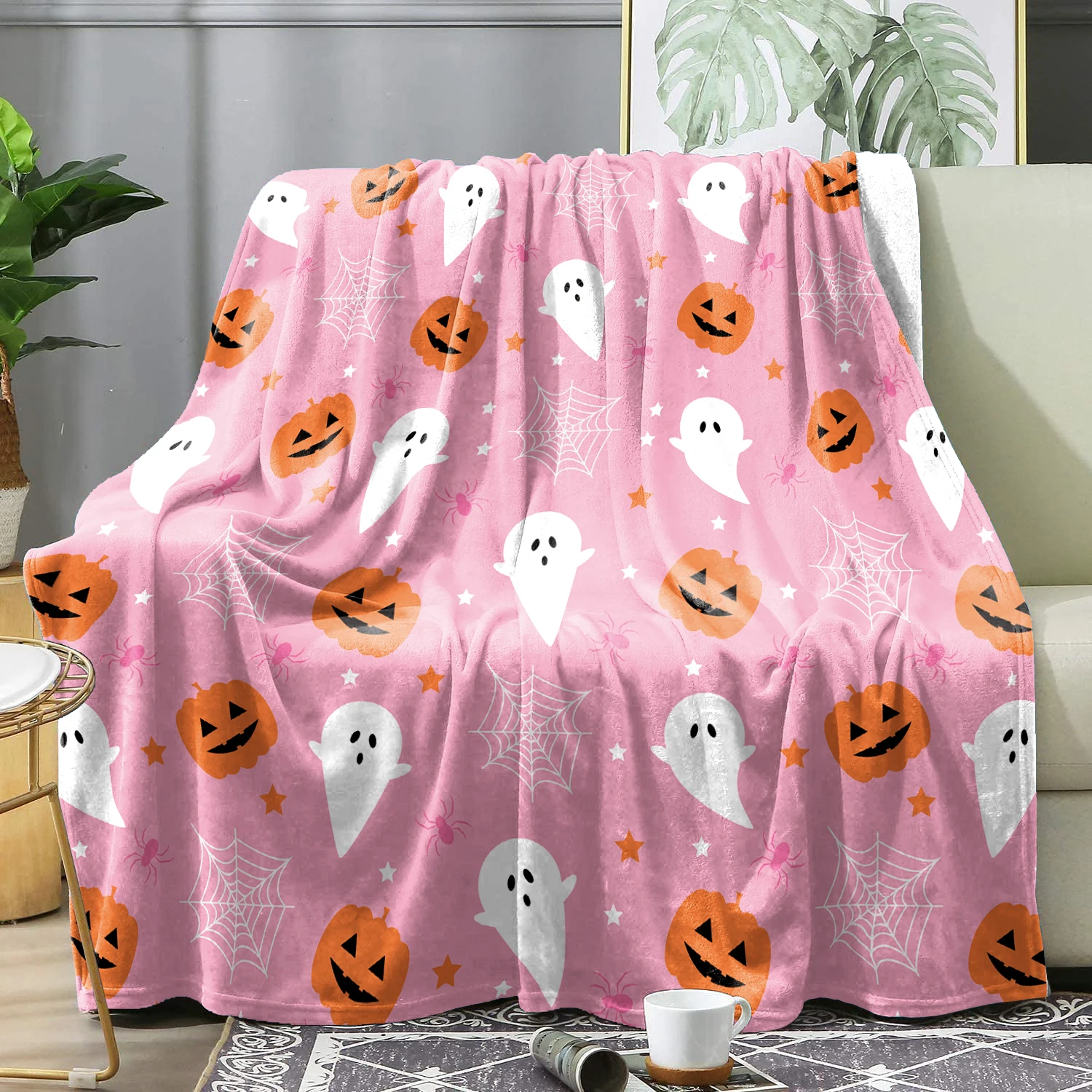 

Halloween Pink Ghost Blanket Homegoods 2-Sided Printed Holiday Gifts Winter Warm Soft Flannel Throw Balnkets Bedsqread Bedding