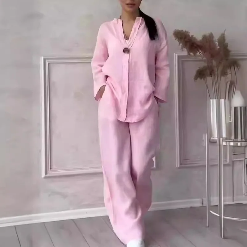 

Европейский и американский новый женский модный хлопковый льняной повседневный костюм, брюки