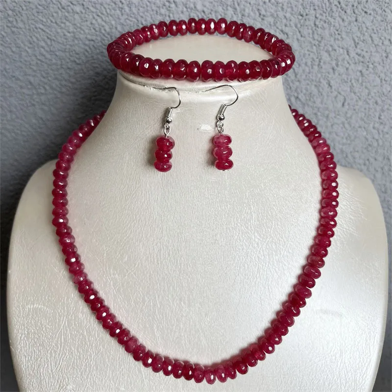 5*8MM Faceted Red Ruby Jade Natural Stone Jewelry Sets Bead Necklace Earrings Bracelet Chain Choker Trendy Design Wedding