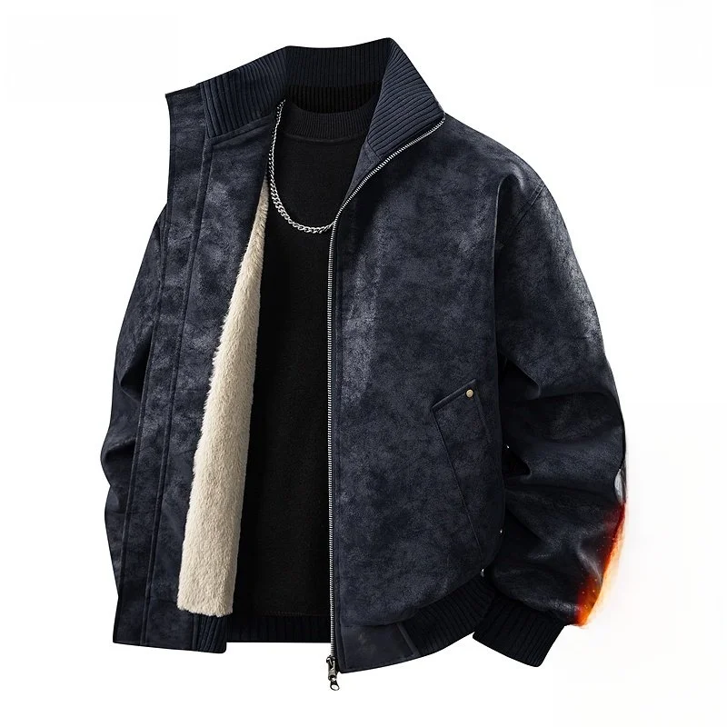 

Casual Sle PU Leather Jaet Men's Loose Fit Zipper Closure Long Sve Warmth Inner Stand Collar Retro Patchwork