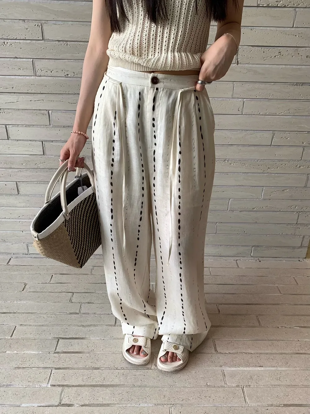 

Summer New High Waist Straight Leg Pants Women's Slimming Long Trousers U2026 Quality Linen Stripe Print Casual High Waist